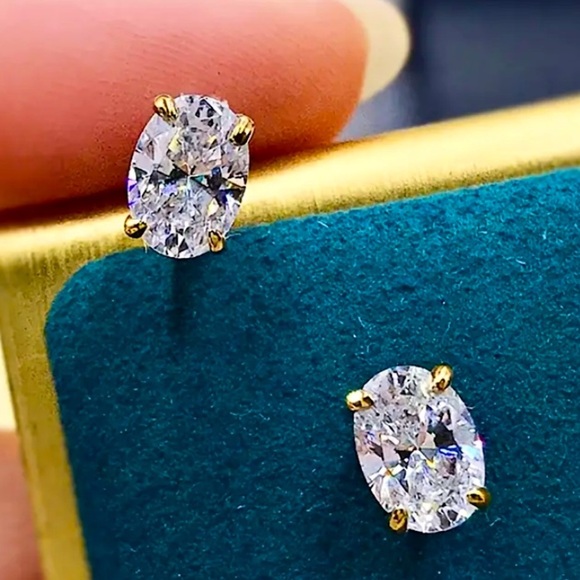 Gold Oval Cubic Zircon Stud Earrings, Wedding, Bridal, Anniversary - Picture 1 of 3